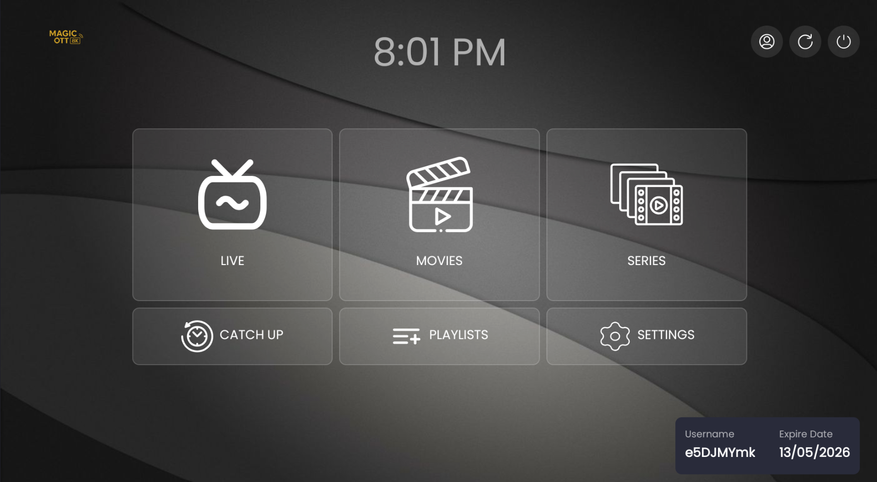 Aperçu de l'application MagicOTT 8K avec interface Live, Movies, Series, Catch Up, Playlists et Settings